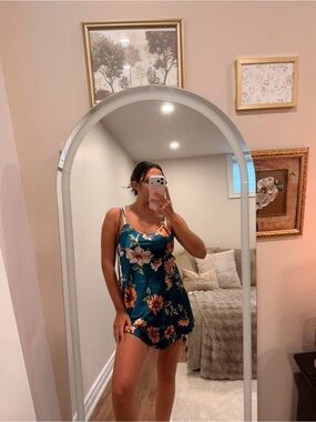 Avidlove Floral Slip Dress in Teal with Orange Bloom